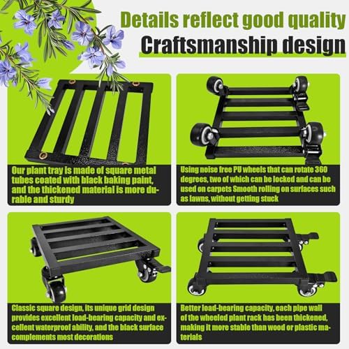 8X 8 inches Plant Caddy with Wheels Upgraded Lockable Heavy Duty Trolley Suitable for Indoor Outdoor Large Plant Pots Parasol Stands and Bases or Plant Stand Metal Square Black - Image 3