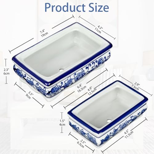 Set of 2 Blue and White Ceramic Bonsai Pots with Drainage Hole, 7.5" & 5" - Image 2
