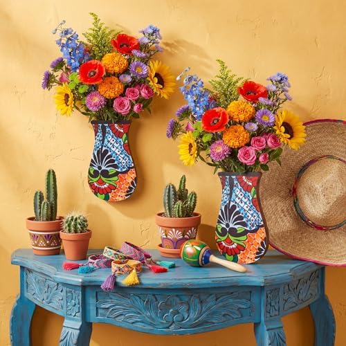 2 Pack Mexican Wooden Wall Planters Cielito Lindo Party Decoration Wall Vases with 3D Carving Retro Hanging Decor for Faux Greenery & Dried Flowers Livingroom Home Decoration(Multicolor) - Image 5