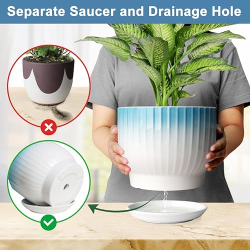 8 Inch Ceramic Plant Pot, Blue + White - Image 3
