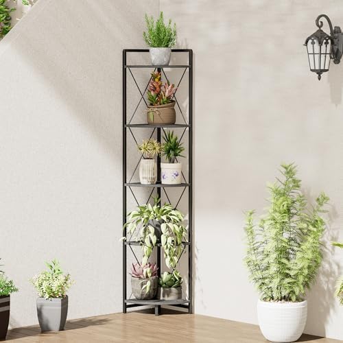 5 Tier Corner Shelf Stand, 64" H Tall Corner Bookshelf, Black - Image 3