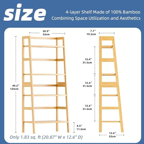 HITNET Ladder Shelf, 4-Tier Bookshelf, Bamboo Leaning Bookcase, Display Storage Rack Organizer, Freestanding Flower Plant Stand for Living Room, Home Office, Kitchen, Natural - Image 3