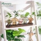 Hewory Plant Propagation Stations: 5PCS Amber Mushroom Vase with Wood Tray - Image 3