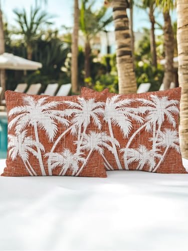 Throw Pillows 18x18 Set of 2, Tropical Palm Tree Waterproof Outdoor Pillow Covers with Insert, Vintage Burnt Orange Botanical Plants Decorative Pillowcase Cushion for Patio, Garden, Couch, Sofa, Bed - Image 7