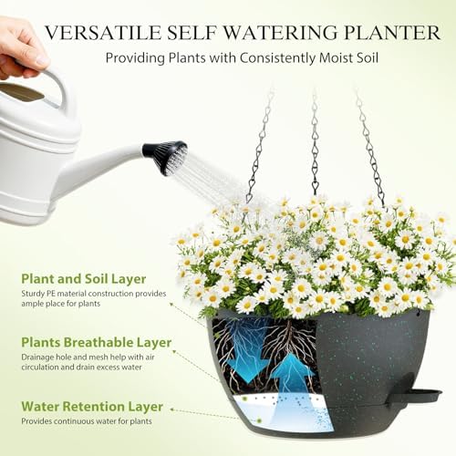 12 Inch Hanging Baskets 2 PC with Chains, Self-Watering Hanging Planters for Indoor Outdoor Plants, Plastic Hanging Flower Pots, Black with Green Speckles - Image 4