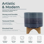 Dotted Decorative Planter Pot with Wood Stand – Ceramic Stoneware Outdoor & Indoor Plant Pot with Drainage Holes – Modern Garden & Home Decor Planters – 10", Blue - Image 5