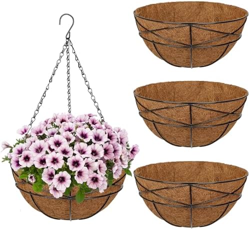 4 Pack 12 inch Metal Hanging Baskets for Plants Outdoor Metal Wire Hanging Basket Planter with Coco Fiber Liners Flower Pots for Home Porch Garden Patio, Diamond-Shaped by NatureCrafted
