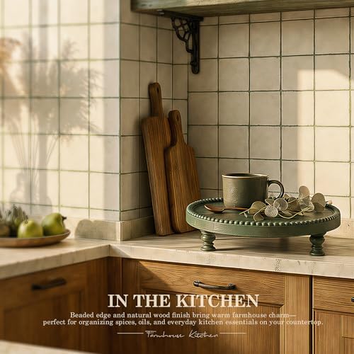 EOSAHR Beaded Wood Riser: Round Display Stand for Living Home Decor, Green - Image 3