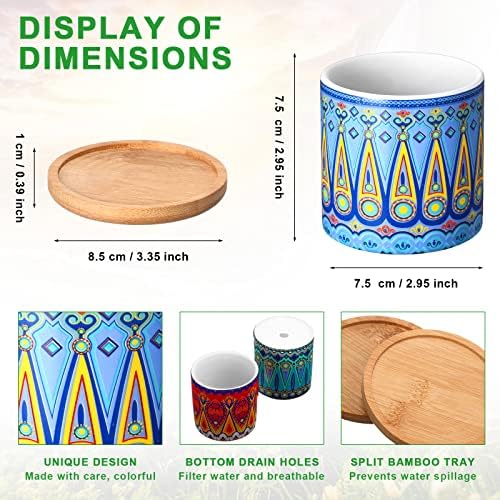 Zopeal 12 Pcs Mandala Ceramic Succulent Pots with Bamboo Trays, Colorful Boho Spring Decor Planters, Small Cactus Plant Pots for Desk Shelf Windowsill, Fiesta Home Decor - Image 2