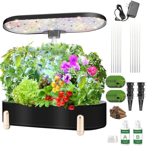 Indoor Garden Hydroponics Growing System12 Pods Plant Germination Kit Aeroponic Herb Vegetable Growth Lamp Countertop with LED Grow Light Smart Water Pump Automatic Timer (Black) by JOUGE