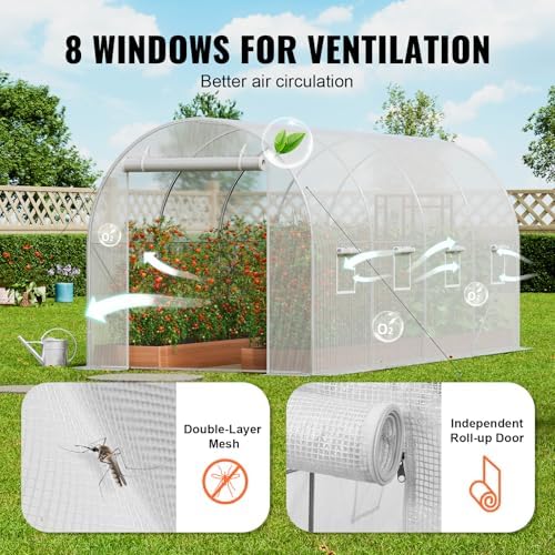 VEVOR Walk-in Tunnel Greenhouse, 14.6x6.4x6.3 ft Hoop House Greenhouse Tunnel, Plant Hot House with Galvanized Steel Frame, White PE Cover, Roll-up Zipper Door and 8 Windows for Outdoor - Image 6