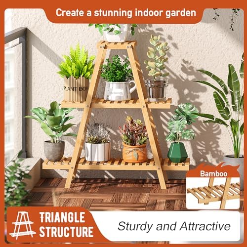 GHWIE Plant Stand Indoor Plant Shelf Outdoor bamboo Plant Rack, 3 Tiers Ladder Plant Holder Flower Stand for Living Room Balcony Garden Patio,Living Room Boho Home Decor for Gardening Gifts (Natural) - Image 2