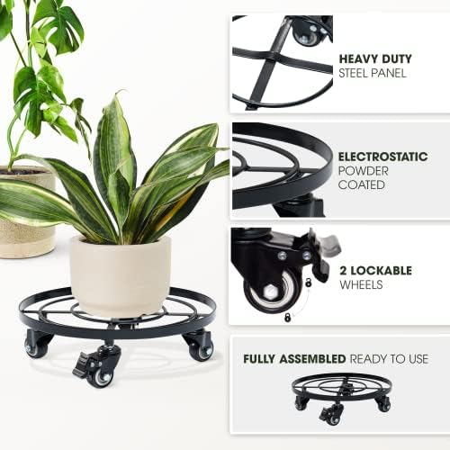 Idzo 14 Inch Heavy Duty Trolley Round Square Metal Plant Caddy, Black for Plant Pots Indoor and Outdoor - Image 3