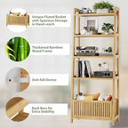 Bamjoy Bamboo Ladder Shelf, Bookshelf with 4 Display Shelves and 1 Open Storage Basket, Multifunctional Storage Rack Organizer for Home Office, Bedroom, Living Room, 66” H Natural - Image 7