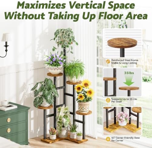 6 Tier Plant Stand Indoor Outdoor Metal Wood Tall Corner Plant Shelves - Image 2