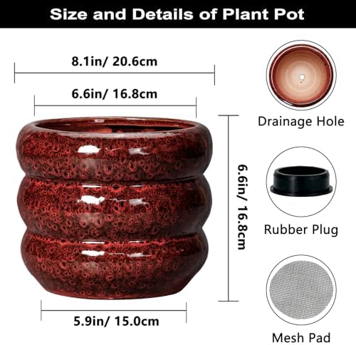 SQOWL Ceramic Flower Pots - 8 Inch Planter for Indoor Plants, Ceramic Plant Pot with Drainage Hole, Bubble Round Planter for Outdoor Plants, Office Home Desk Decor, House Warming Gifts, Red - Image 3