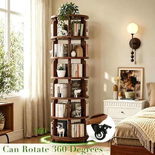 6 Tier 360° Rotating Solid Wood Bookshelf with Wheels - Image 3