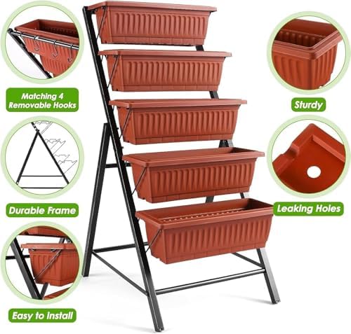 SEJOV 2 Pack Vertical Garden Bed, 5 Tiers Elevated Planter Box, Dark Red - Image 2