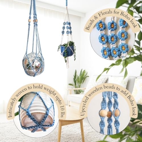 Set of 2 Macrame plant hanger with Daisies & Beads | Hanging plant holder Macrame Plant hangers outdoor and indoor hanging planters Plant stand indoor Boho Decor hanging planter stand (Cloudy Day) - Image 5