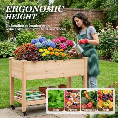 Raised Garden Bed with Lockable Wheels, 48x24x32 inch Elevated Wood Planter with Storage Shelf Protective Liner for Vegetable Flower Herb Outdoor Balcony Patio Backyard, Natural - Image 4