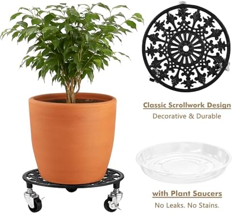 2 Pack Plant Caddy with Wheels 14 Inch Rolling Plant Stand for Large Plants Heavy Duty Plant Rollers Metal Plant Dolly Rustproof Planter Stand Wrought Iron Plant Stands Flower Cart Indoor Outdoor - Image 5