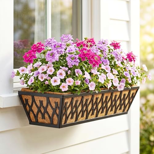 6 Pack 24 Inch Window Boxes Planters Railing Planter Box with Adjustable Brackets for Porch Fence Patio Balcony Hanging Flower Baskets with Coco Liners for Outdoor Garden Decor - Black - Image 4