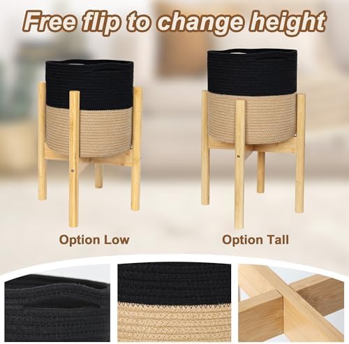 Plant Basket with Stand, Indoor Round Wicker Basket Plant with Bamboo Wood Stand, Decorative Black Woven Cotton Rope Flower Indoor Planter with Legs, Boho Bamboo Wood Planter Holder - Image 7