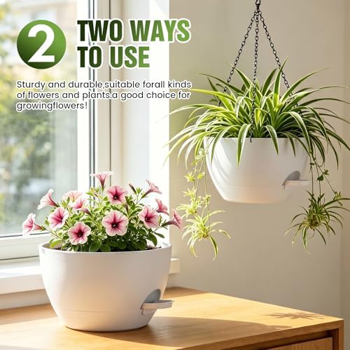 12 Inch Large Self Watering Hanging Planters 2 Pack with Saucers - Image 3
