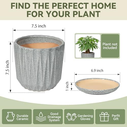 7.5 Inch Ceramic Planter Pot with Saucer Drainage Leak-Proof Mesh,Flower Pots for Indoor Plants with Gardening Gloves,Ceramic Planter(Stone Grey) - Image 6