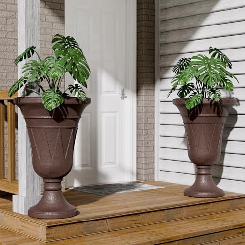 Tall Plastic Urn Planters and Pedestal - 24" Outdoor Planter Brown - Image 7