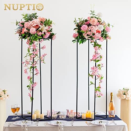 Nuptio Metal Black Vase, 2 Pcs 39.4 inch Tall, Elegant Cylinder & Square Vase for Wedding Centerpieces, Home Party Decorations - Image 2