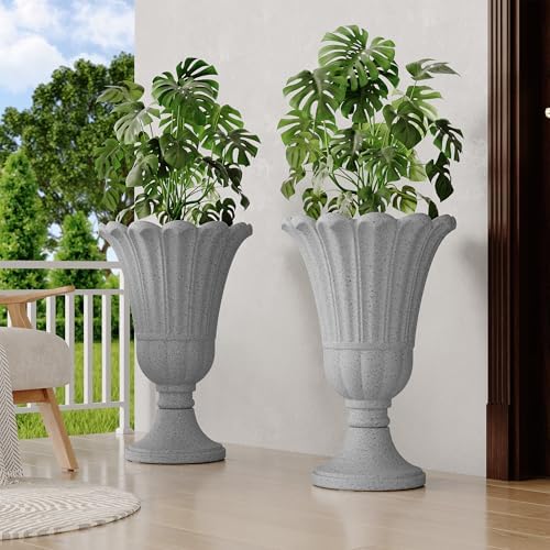 24" Tall Urn Planters Set of 2, Grey Outdoor Planter for Porch - Image 4