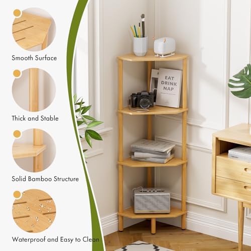 Corner Shelf Stand, 4 Tier Bamboo Corner Organizer, Narrow Tall Bookcase, Corner Shower Caddy, Plant Display Shelf, Open Storage Shelves for Living Room, Kitchen, Office, Balcony, Bathroom - Image 4