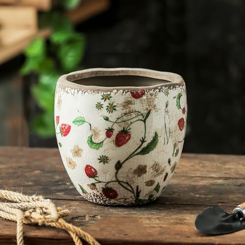Reto Rustic Ceramic Flower Pots for Garden Plants and Succulents,Distressed Cracked Glazed Planters with Drainage Holes Tuscan Flower Pots for Outdoor,Reds,with Hole by XIUWOUG