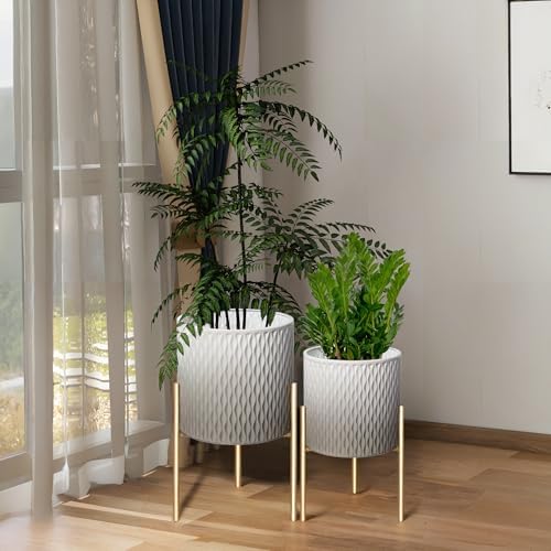 ARNIS Plants Pots with Stand,Set of 2 Flower Pots, Unique Mid Century Decorative Metal Flower Pots with Drainage,10.5&12.25 Inch, Grey and White by ARNIS