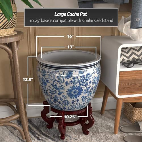 Red Lantern 16" Floral Blue & White Porcelain Fishbowl Planter - Image 5