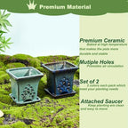 Ceramic Orchid Pots with Holes attached Saucers 4.8 Inches - Set of 2 Small Square Orchid Pots for Repotting, Decorative Ceramic Orchid Planter with Hole for Healthy Root Growth Blue and Green - Image 3