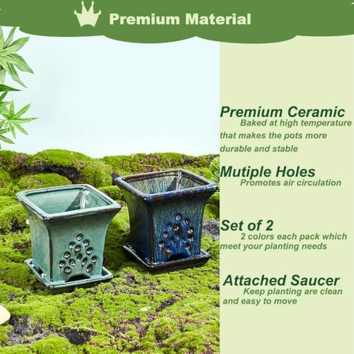 Ceramic Orchid Pots with Holes attached Saucers 4.8 Inches - Set of 2 Small Square Orchid Pots for Repotting, Decorative Ceramic Orchid Planter with Hole for Healthy Root Growth Blue and Green - Image 3