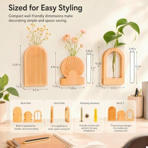 TBWIND Wooden Wall Vases Set of 3, Wall Planters with Glass Tube Kit - Image 4
