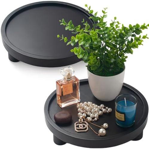 2 Pcs Wood Riser for Display, Round Wooden Tray Decor, Farmhouse Pedestal Stand, Decorative Riser Tray for Kitchen or Bathroom Counter, Black by DEAMACE