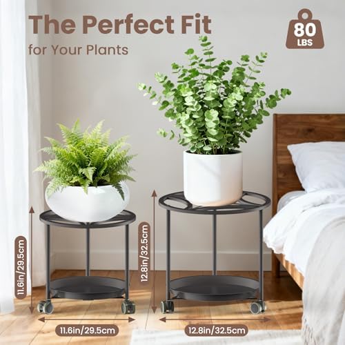 TOSKING 2-Pack Black Round Rolling Plant Caddies with Water Tray – Metal Stands with Wheels, Geometric Pattern, for Indoor Planters (13" & 11") - Image 3