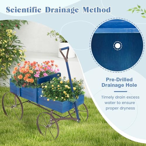DORTALA Wood Wagon Planter, Outdoor Garden Flower Planter Cart with Wheels, Small Decorative Wood Raised Bed Plant Pot Box Stand for Backyard, Patio, Balcony, Blue - Image 4