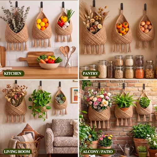 Honeydak 3 Hanging Baskets, Light Linen, Triangular Tassel, Jute - Image 5