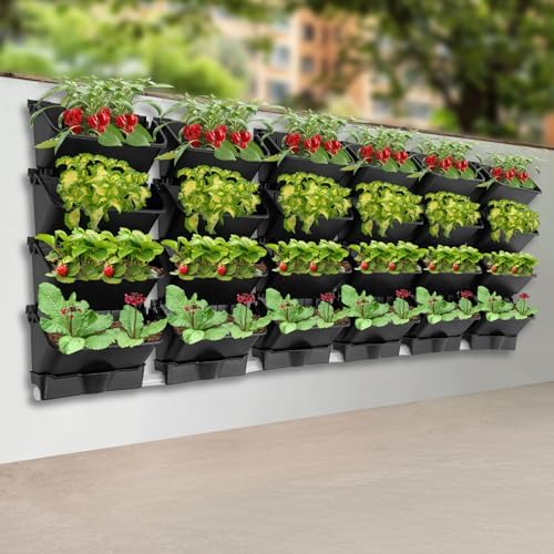 24Pack Vertical Wall Planter, 13 inch Wall Mounted Garden Planters, Stackable Wall Hanging Planter, Plastic Flower Pot with 4 Drainage Tray & 6.56FT Drainage Pipe for Indoor and Outdoor (Black) - Image 2
