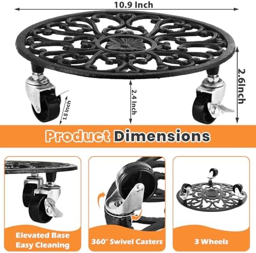 3 Pack Cast Iron Plant Caddy with Wheels Heavy Duty 11 Inch Plant Rollers - Image 5