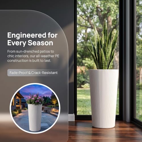 24" Tall Planters for Outdoor Plants Set of 2 - Round White - Image 4