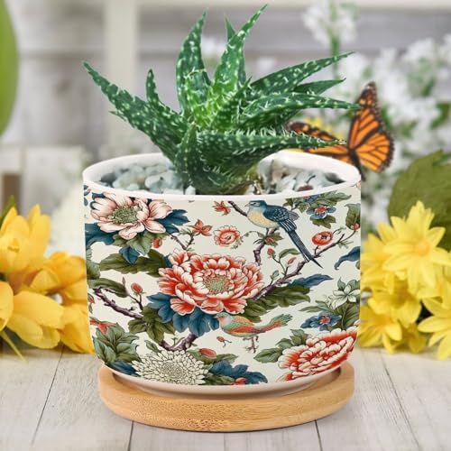 Chinoiserie Tree Peony Bird Floral Ceramic Planter Coral Turquoise Botanical Planters for Outdoor Plants with Drainage Holes and Saucers Pot for Indoor Outdoor Garden - Image 6