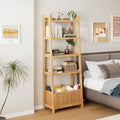 Bamjoy Bamboo Ladder Shelf, Bookshelf with 4 Display Shelves and 1 Open Storage Basket, Multifunctional Storage Rack Organizer for Home Office, Bedroom, Living Room, 66” H Natural by Bamjoy
