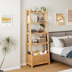 Bamjoy Bamboo Ladder Shelf, Bookshelf with 4 Display Shelves and 1 Open Storage Basket, Multifunctional Storage Rack Organizer for Home Office, Bedroom, Living Room, 66” H Natural by Bamjoy