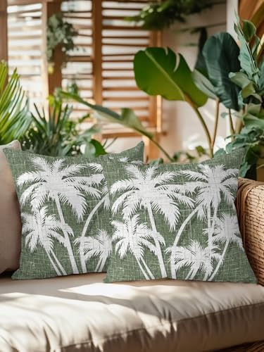 Outdoor Pillows Waterproof Set of 2, Tropical Palm Tree Patio Throw Pillows for Couch Bed Sofa with Insert, Vintage Moss Green Exotic Botanical Plants Decorative Reading/Camping Pillow Set 18x18 Inch - Image 2